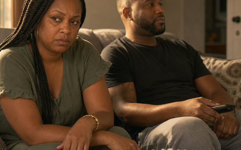 A tense woman with long box braids sits beside her relaxed husband on a couch, gripping a face-down phone and staring at him.