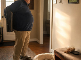 A heavyset gray-haired man with glasses stares at an empty leash hook beside a flattened dog bed.