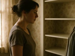 Woman looking at empty closet shelf where a jewelry box used to be.