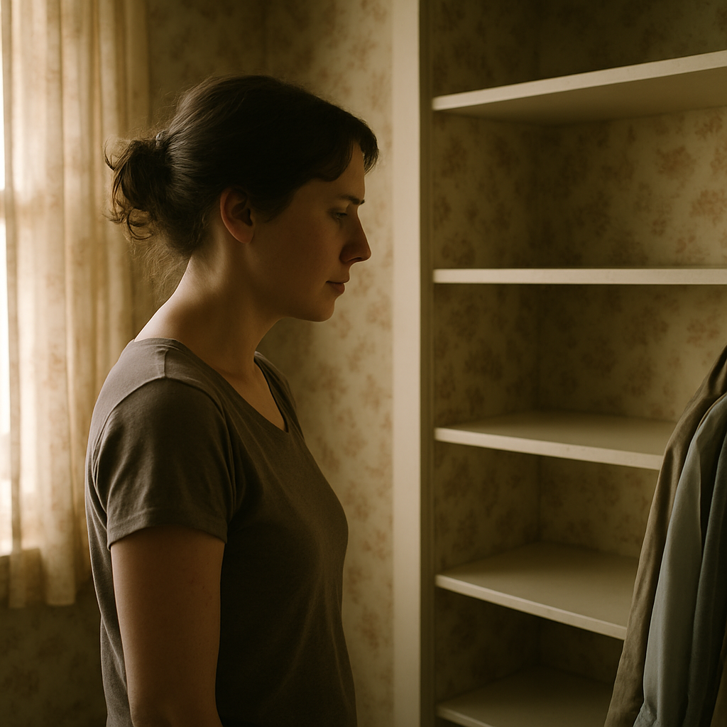 Woman looking at empty closet shelf where a jewelry box used to be.