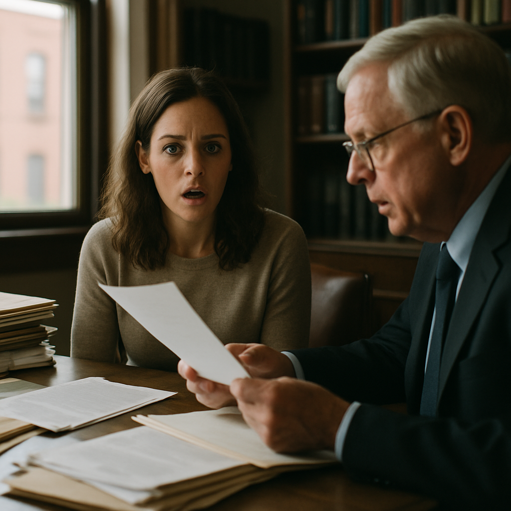 Woman and man in a lawyer’s office reacting to unexpected will reading