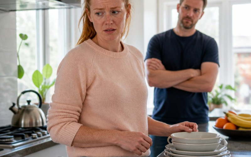 Woman surprised by smart speaker playing a voice note in a kitchen, man watching silently