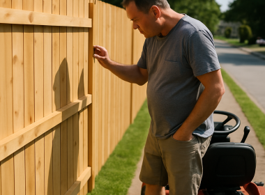 Man with lawn mower stopped near a new wooden fence cutting into grass strip beside sidewalk.