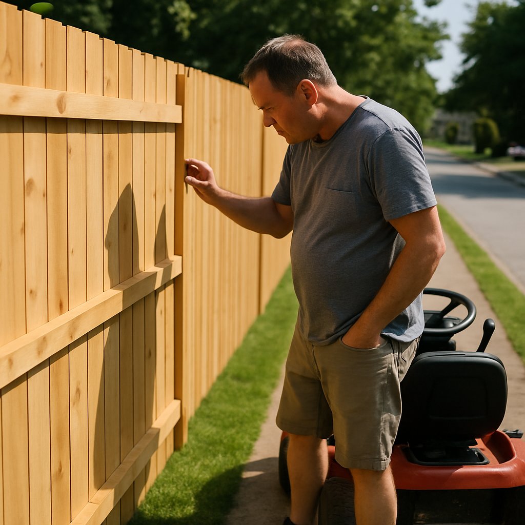 Man with lawn mower stopped near a new wooden fence cutting into grass strip beside sidewalk.