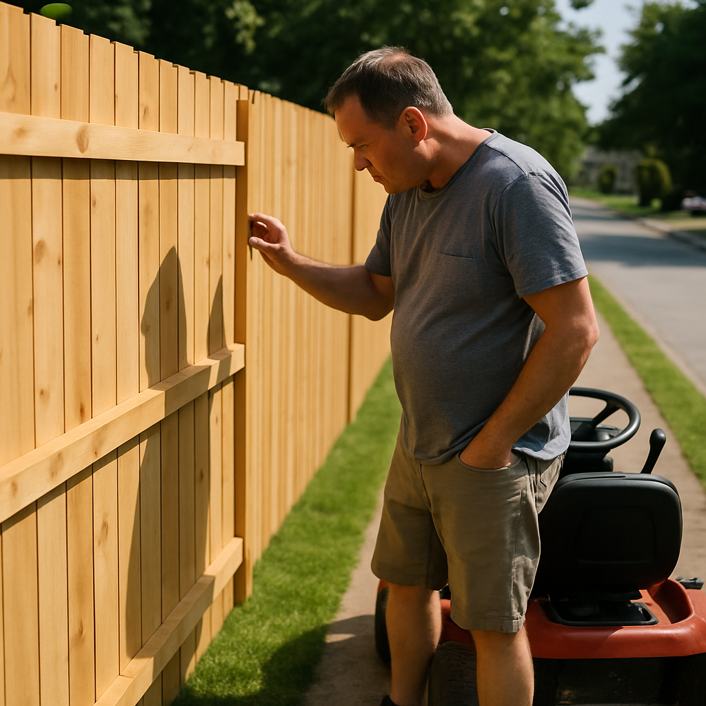 Man with lawn mower stopped near a new wooden fence cutting into grass strip beside sidewalk.