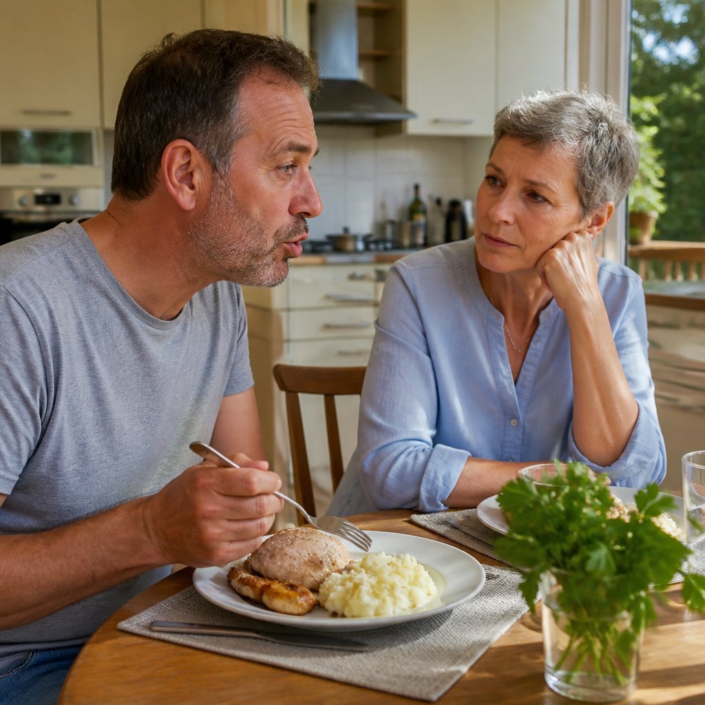 Man speaking with polished phrases at kitchen table; woman watches puzzled.