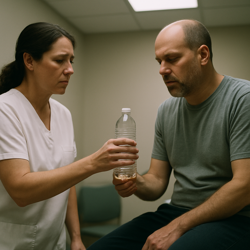 Patient receiving water from nurse in bright clinic room