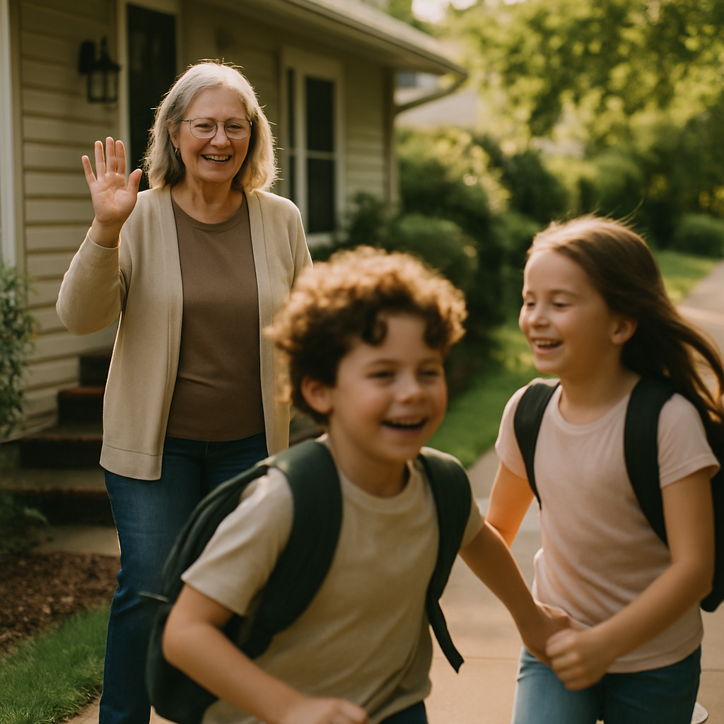 Neighbor waving kids over after school with a warm smile.