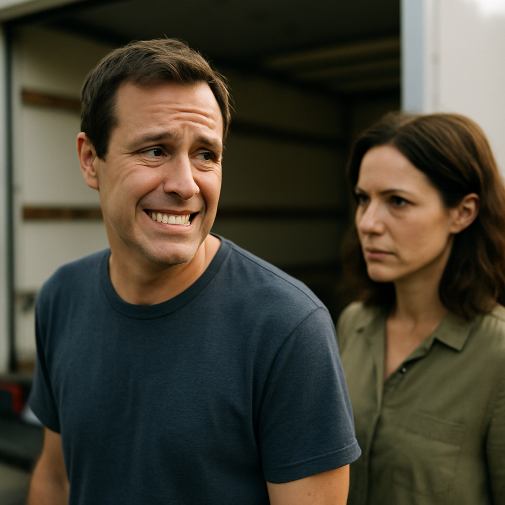 Man with a forced smile standing beside a packed moving van, avoiding eye contact with a concerned woman.