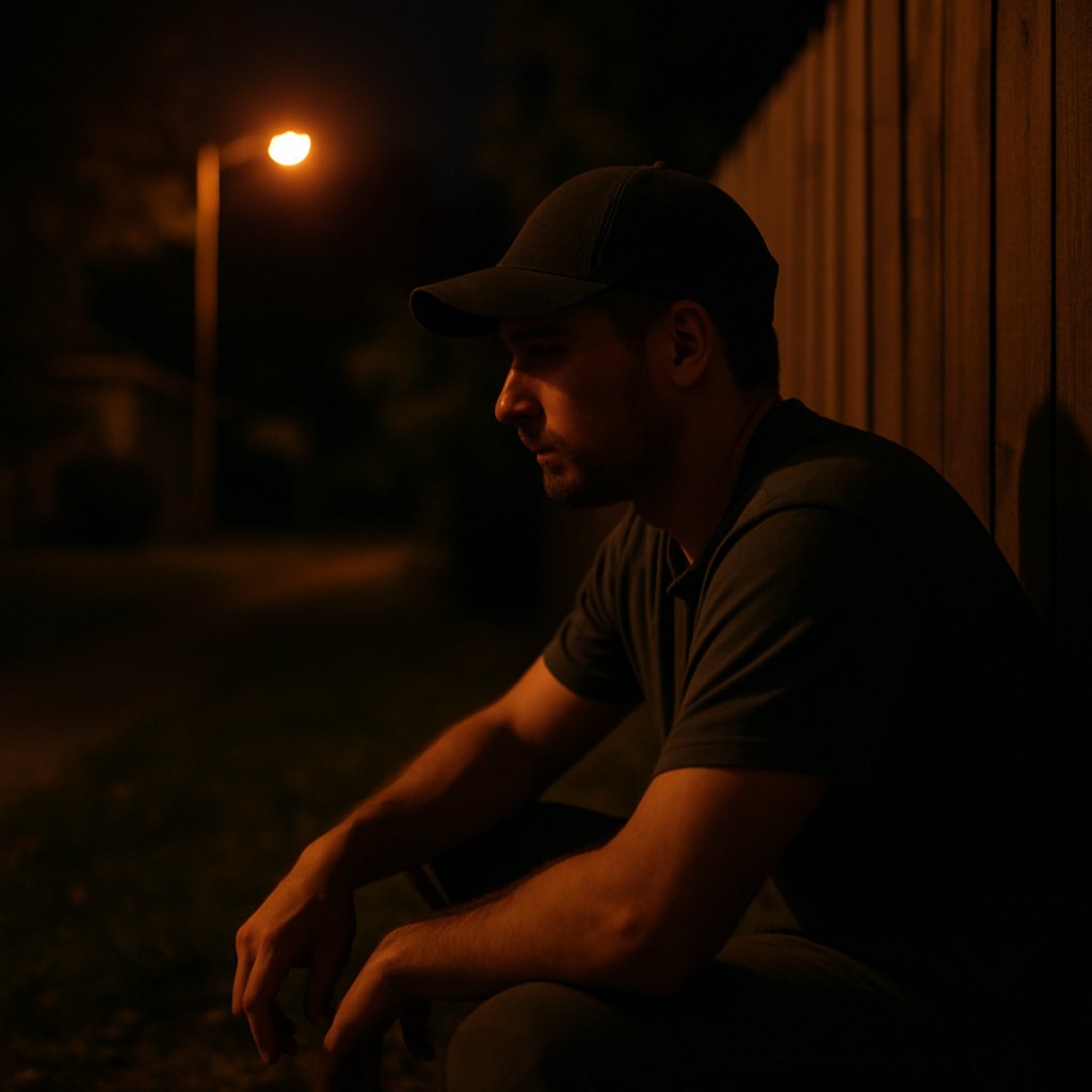 Man in baseball cap crouching by a fence at night under streetlight, captured by security camera.