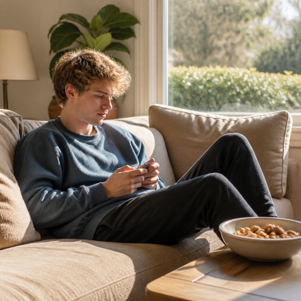 Young man on couch streaming videos smoothly on phone while Wi-Fi is down elsewhere