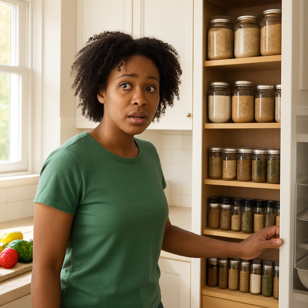 Woman opening pantry filled with labeled jars in kitchen