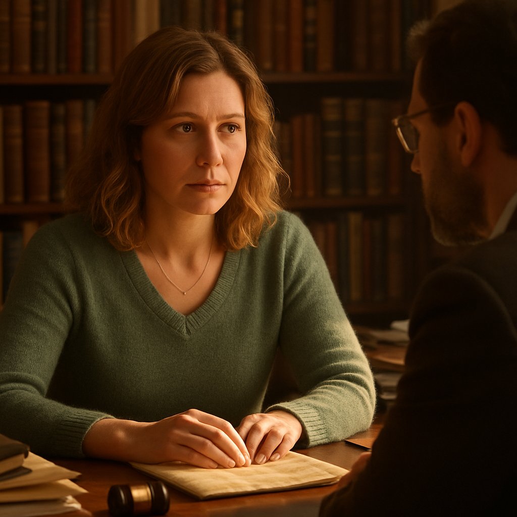 A serious woman in a green sweater sits across from an attorney, holding a wrinkled envelope on the desk.