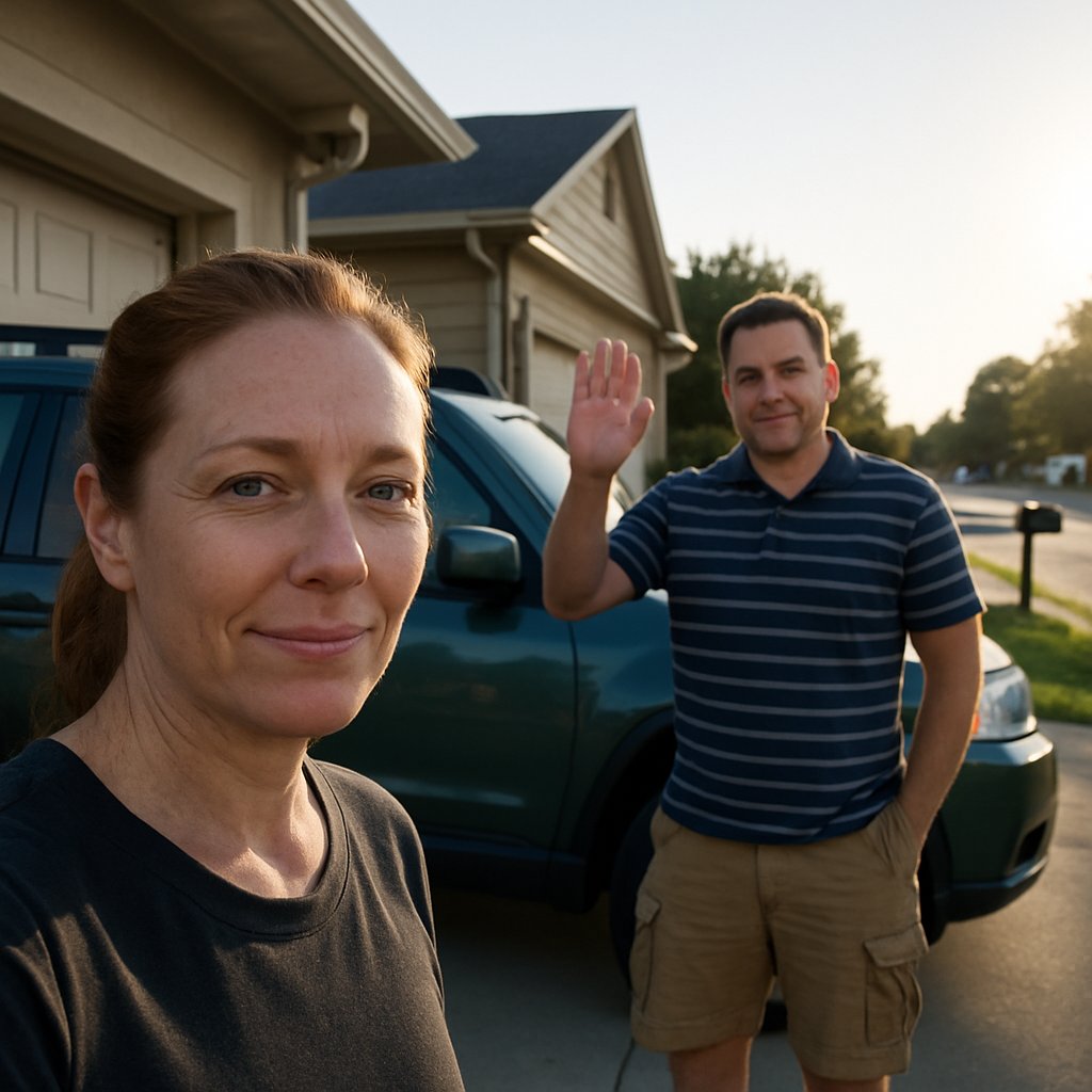 Man waving with a smirk from his driveway in casual clothes, security camera visible above.