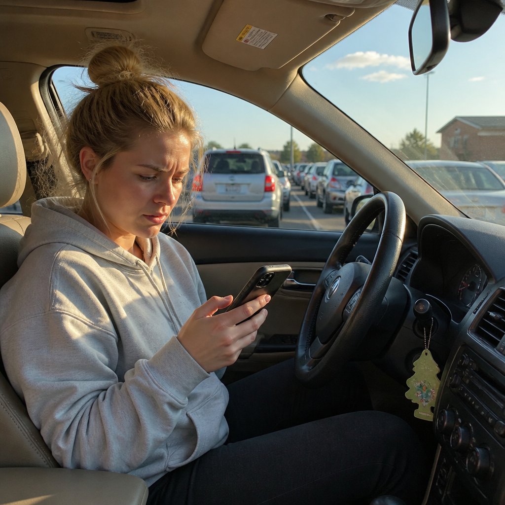 Young woman with messy blonde bun checking phone in stopped car during school pickup line.