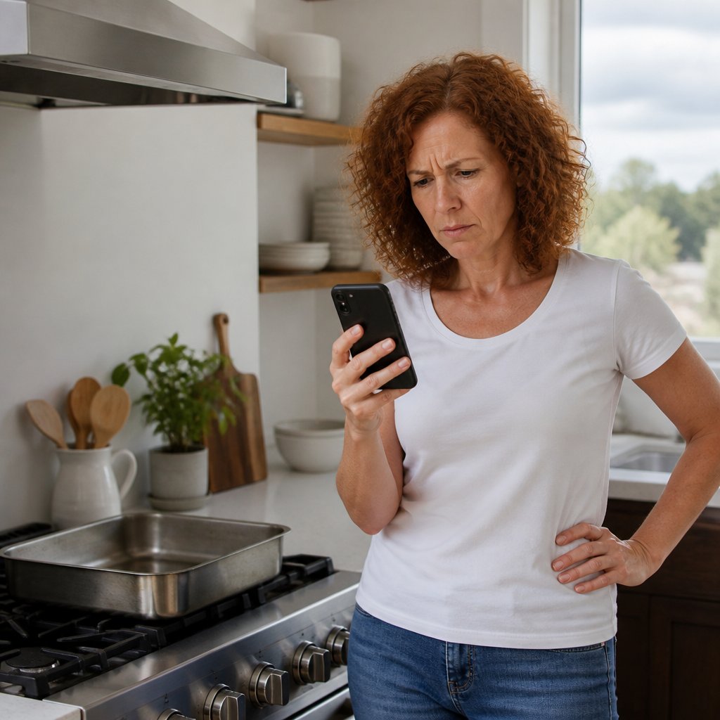 Woman confused by digital calendar while standing in kitchen with empty roasting pan.