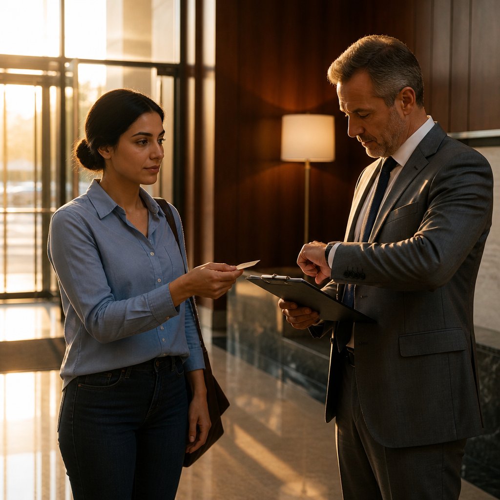 Woman handing ID to attorney in gray suit inside a law office lobby, looking uneasy.