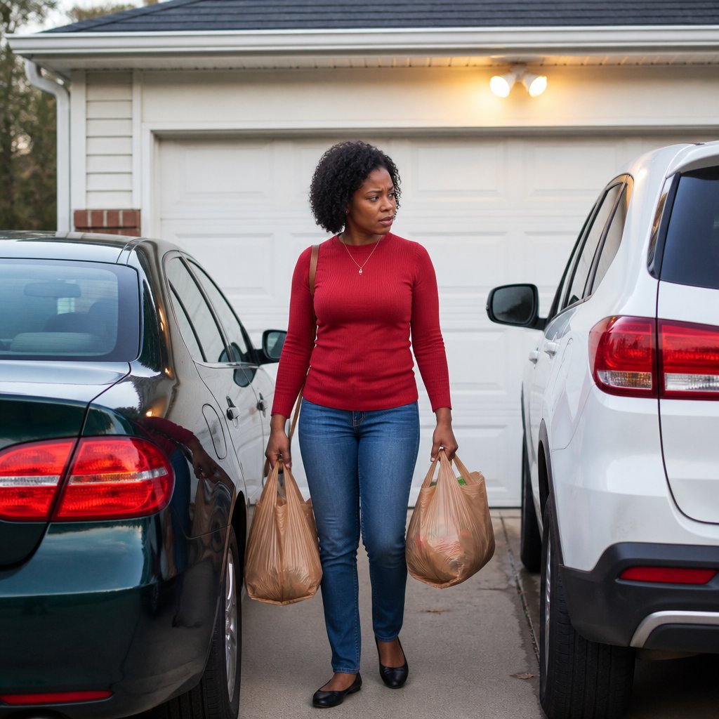 Woman in red sweater standing on driveway with groceries, facing blocked garage entrance.