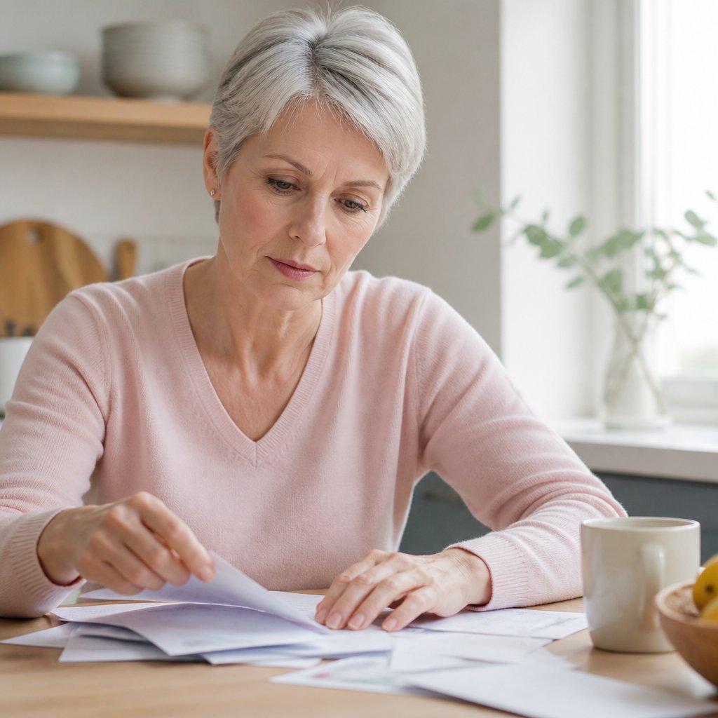 Woman sorting mail at kitchen table, hands and face showing subtle worry.