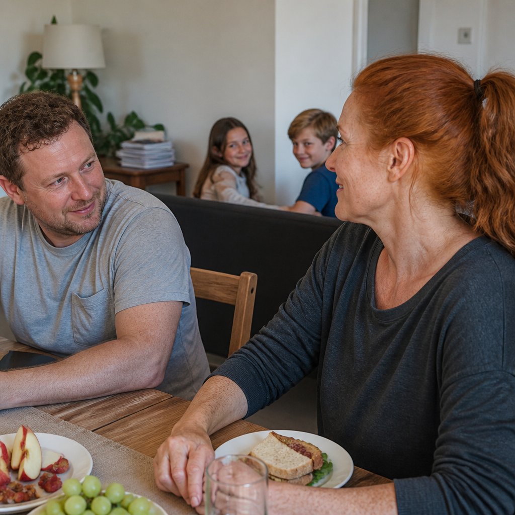 Man laughing gently while children exchange secretive glances at the dining table.