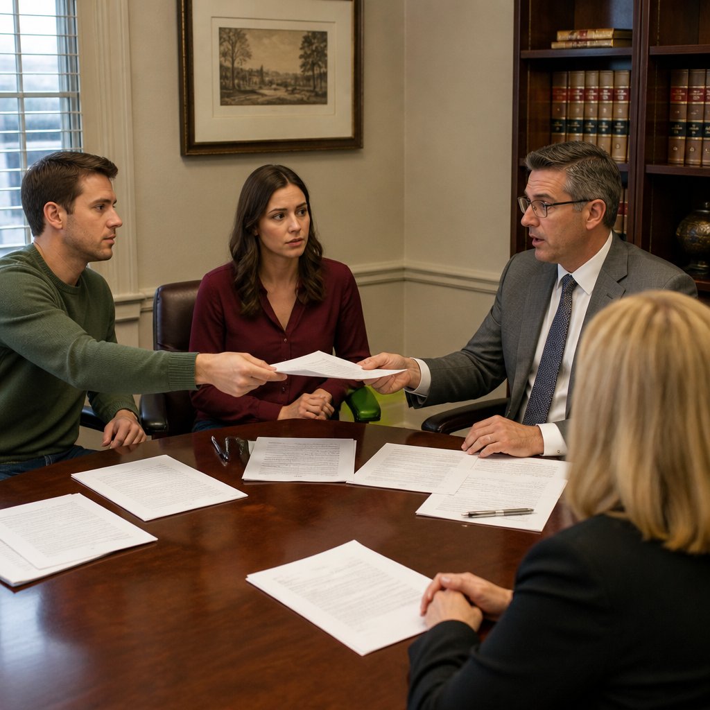 Man handing an unexpected document to an attorney while a woman watches anxiously.