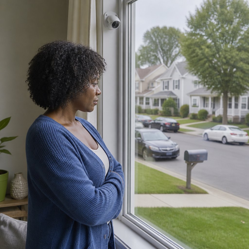 Woman looking out window at mailbox and street, security camera visible near window.