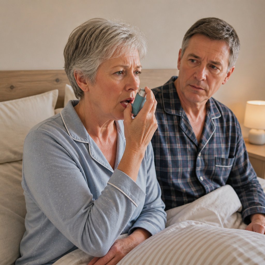 Woman using inhaler in bed at night, spouse watching with concern.