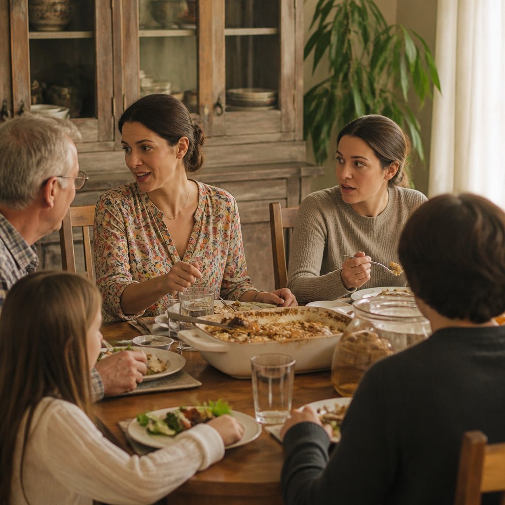 Family dinner scene with mother-in-law repeating a phrase, narrator looks surprised.