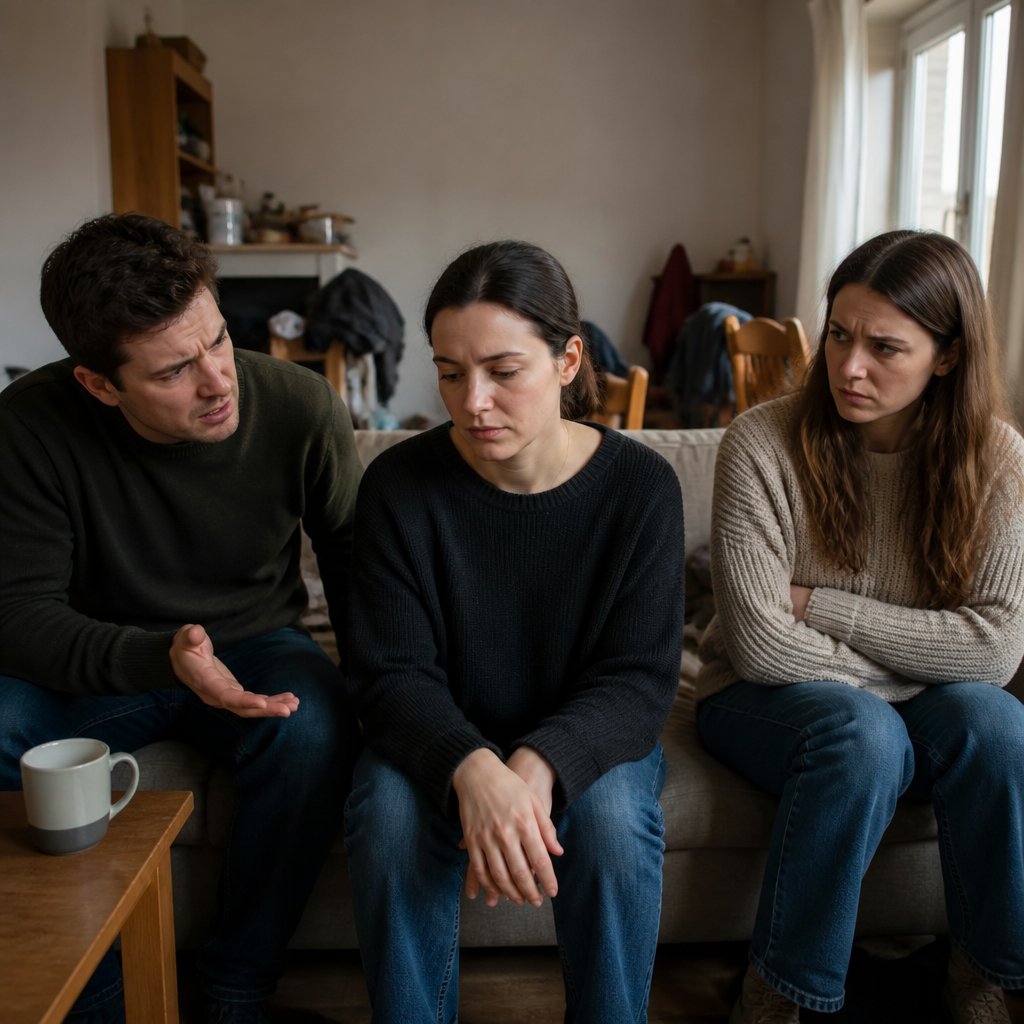 Three siblings in a living room, brother questioning, sister crossing arms, narrator uncertain.