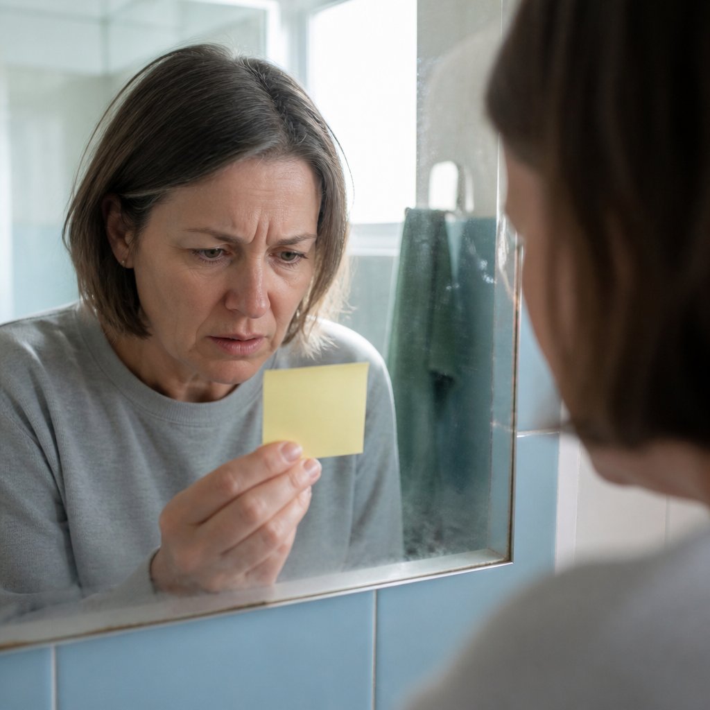 Woman reading sticky note on bathroom mirror, casual gray sweatshirt, bathroom setting.
