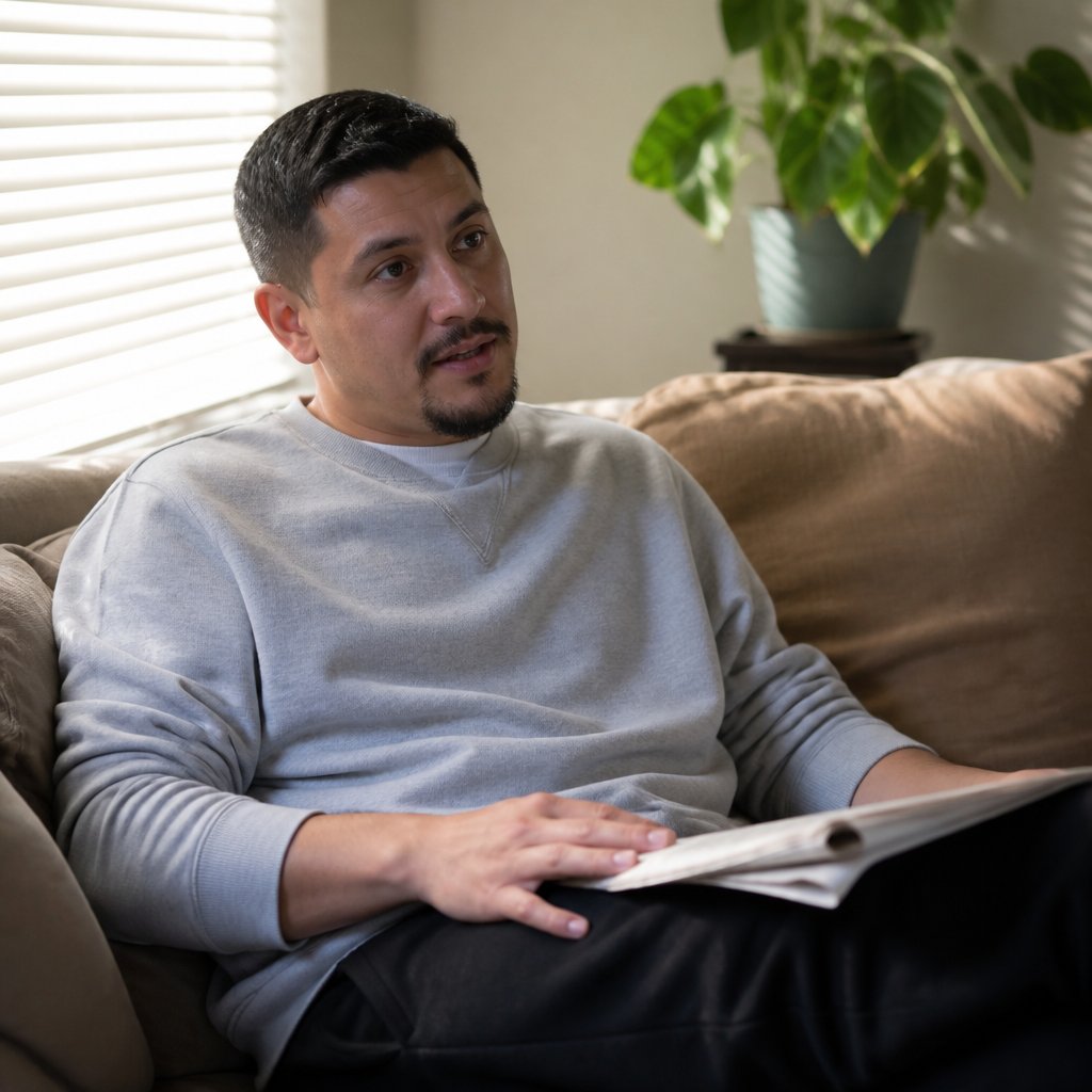 Man calmly explaining something from the couch while talking to an unseen person.