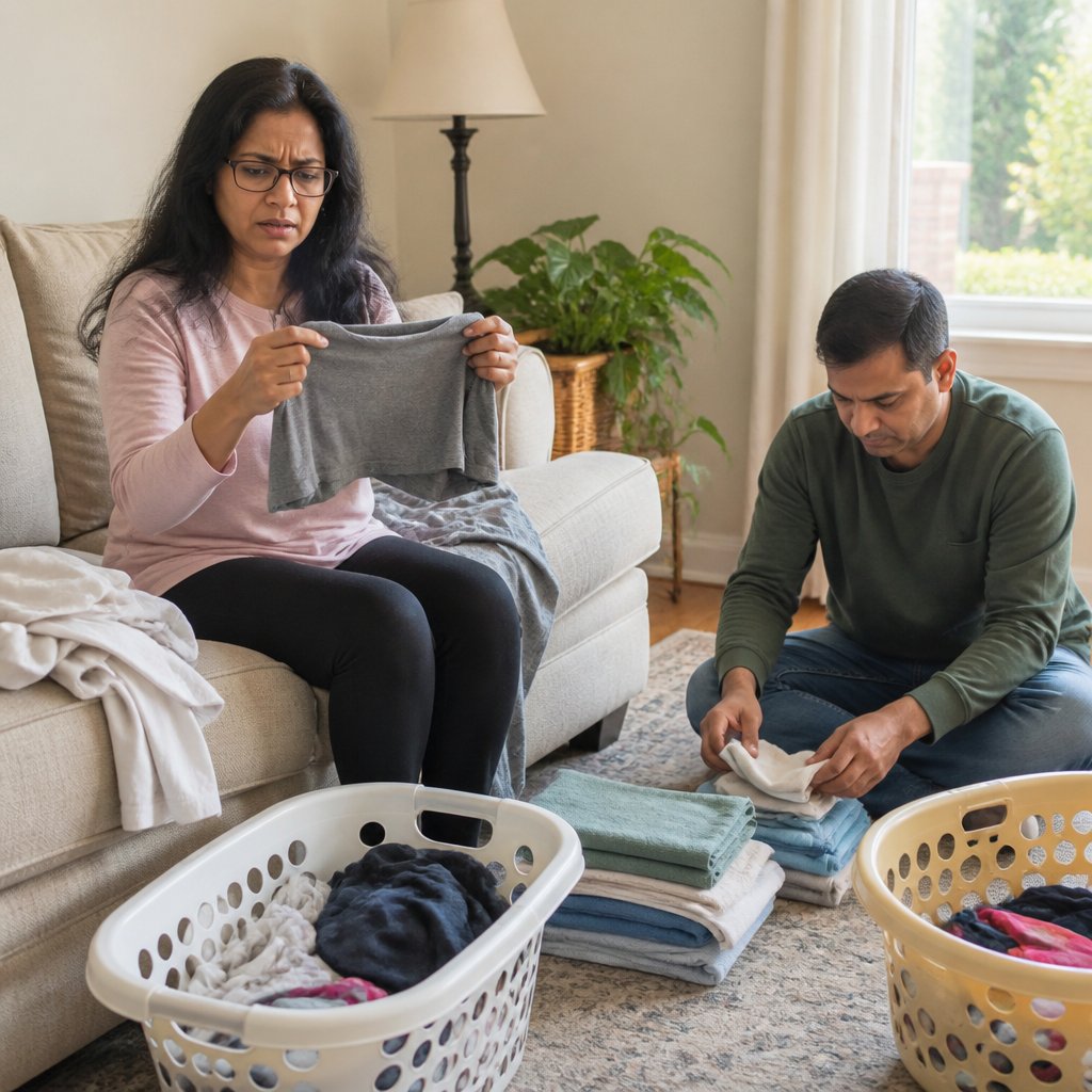 Woman holding missing gray t-shirt looking confused while man folds laundry nearby.