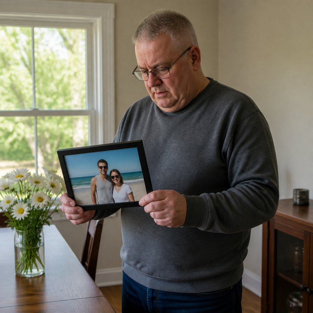 Man in gray sweatshirt holding a framed beach photo missing his arm around his partner.