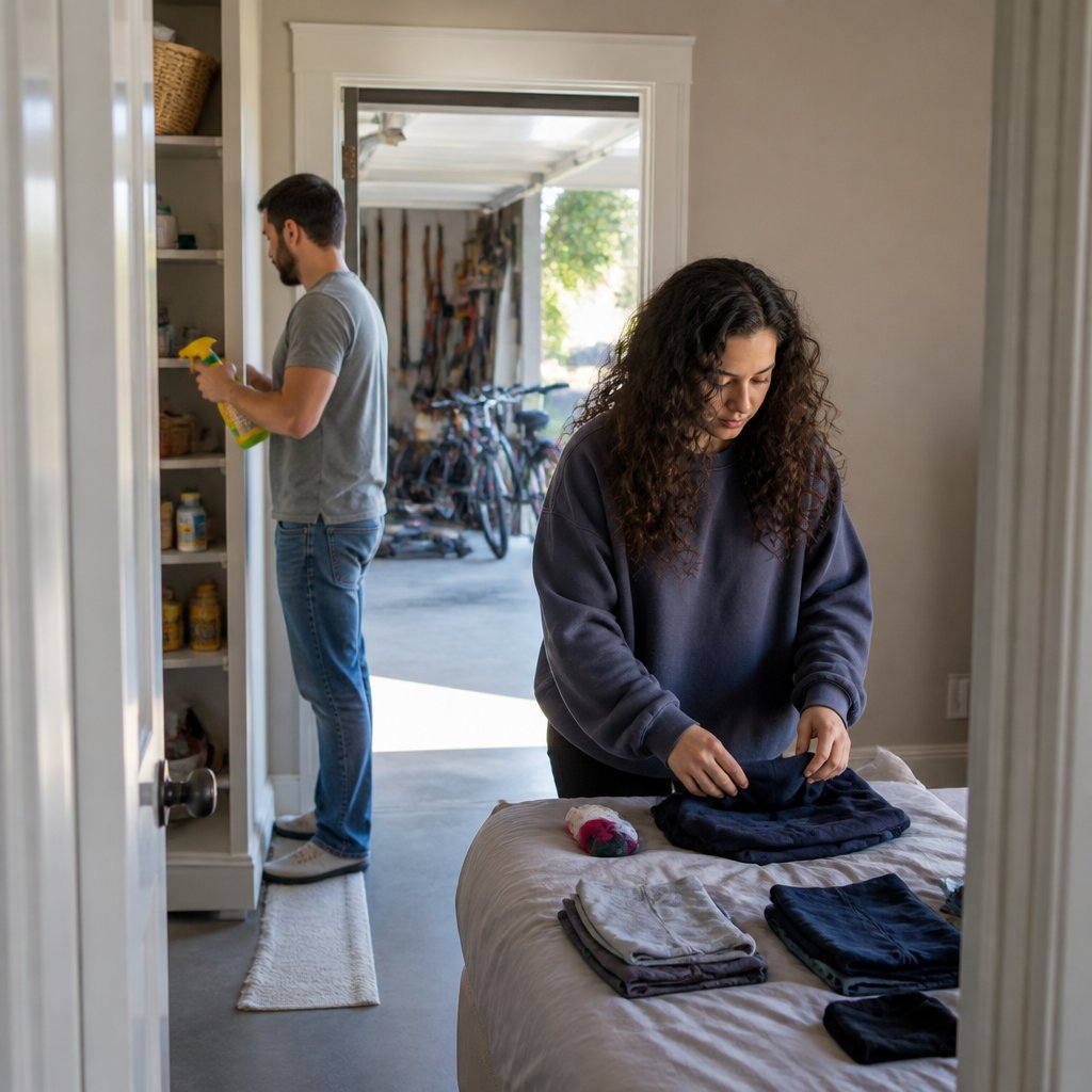 Man cleaning pantry while woman folds laundry in bedroom, garage clutter visible behind.