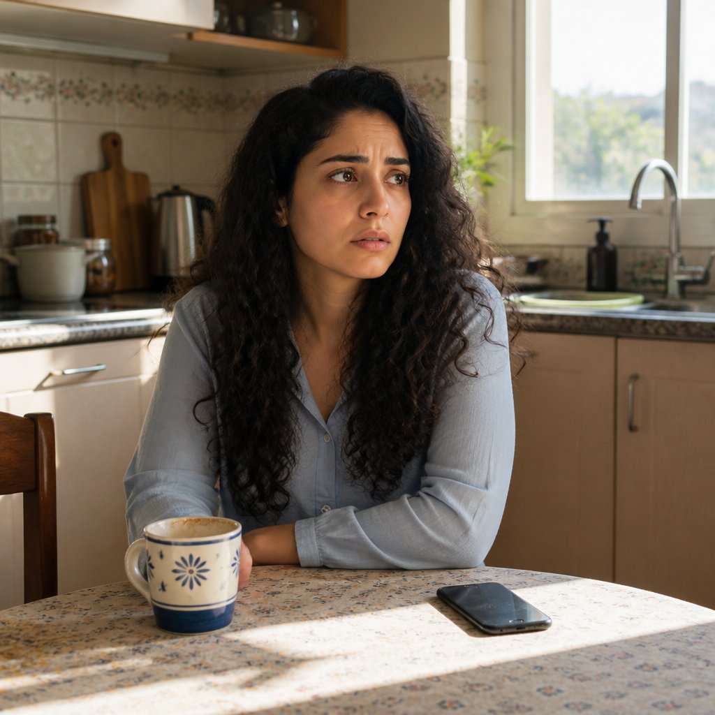 Woman sitting at kitchen table looking anxious with phone face down nearby