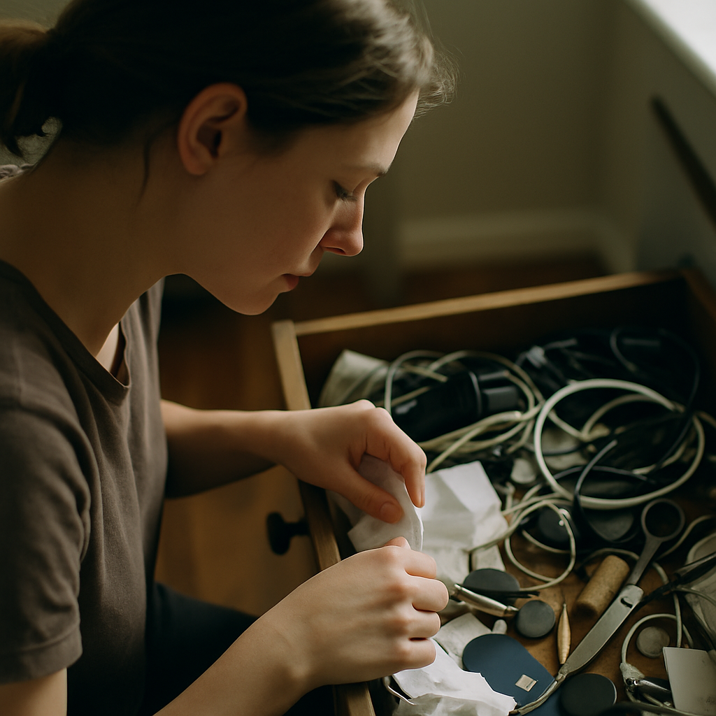 Junk drawer with debit card partially visible among clutter