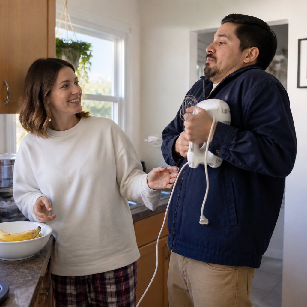 Mara looks stunned as Evan clutches the unplugged hand mixer to his chest.