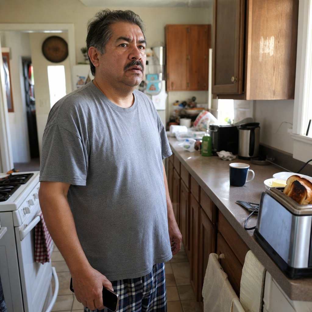 A man in his kitchen looks shaken while holding a phone face-down near burnt toast.