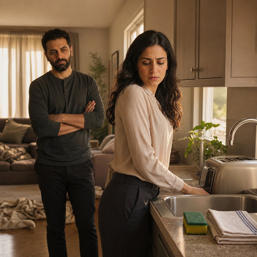A woman in office clothes stares uneasily at a too-new sponge by her sink in a kitchen that feels staged.