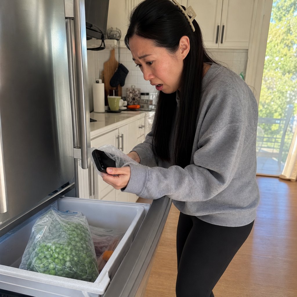 Mara pulls a wrapped cheap phone from behind frozen peas, stunned.