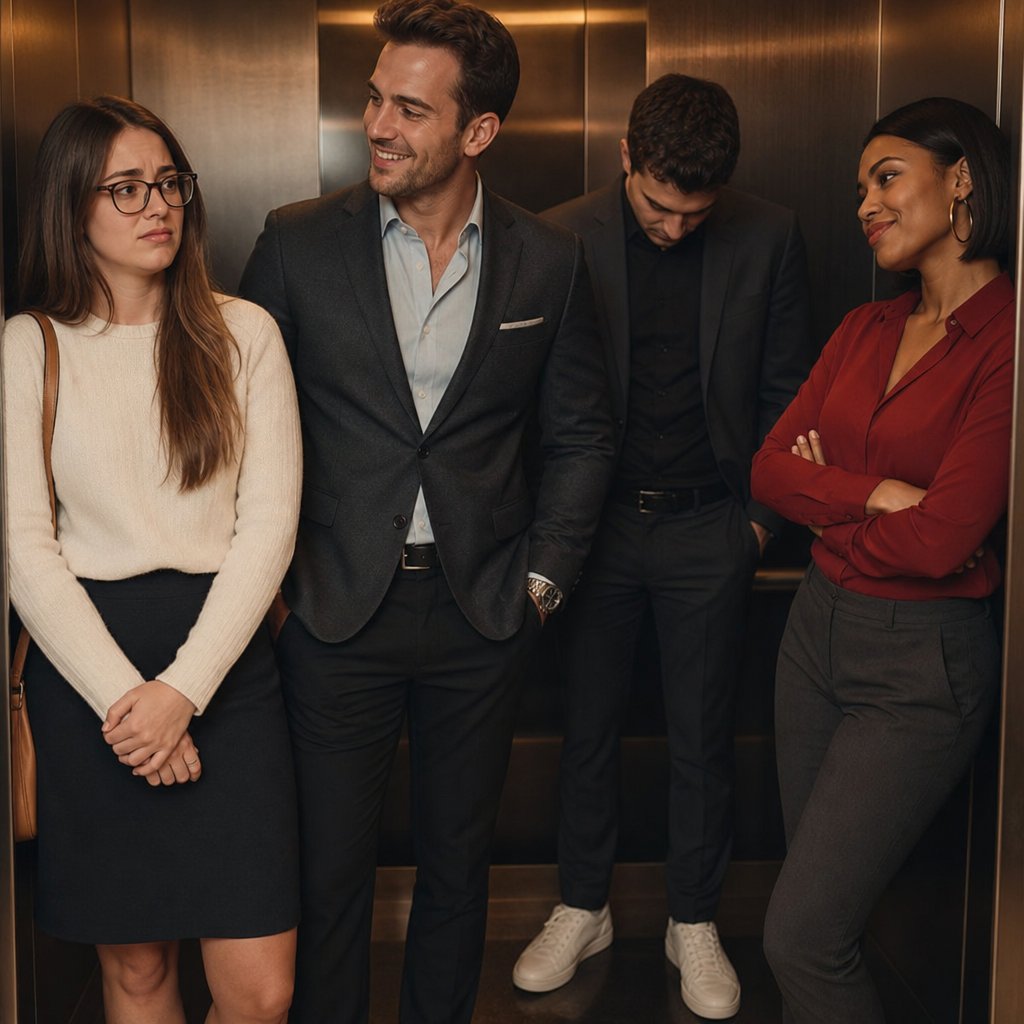 In an office elevator, a smirking coworker looks at a tense young woman with glasses standing close to a smiling man in a blazer.