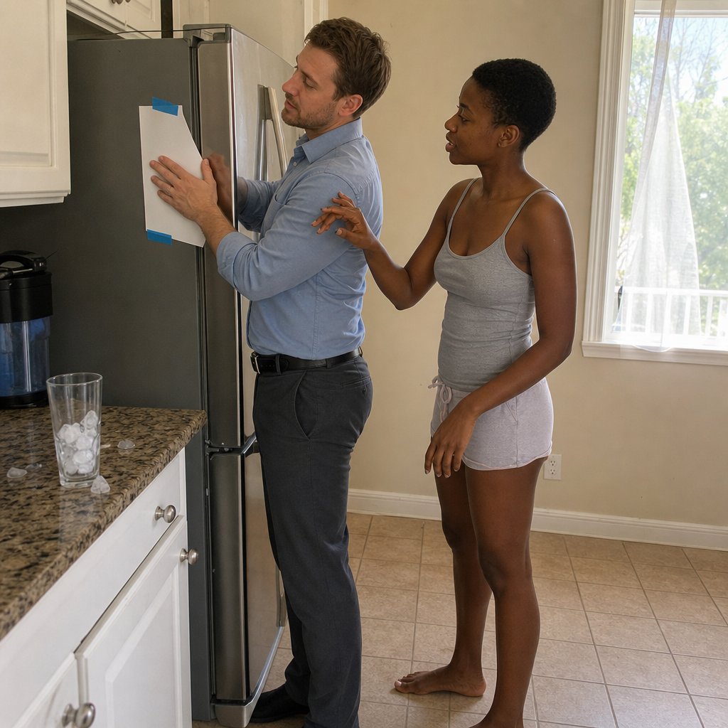 Evan tapes a handwritten bills list to the fridge while Mara watches barefoot on the kitchen tile.