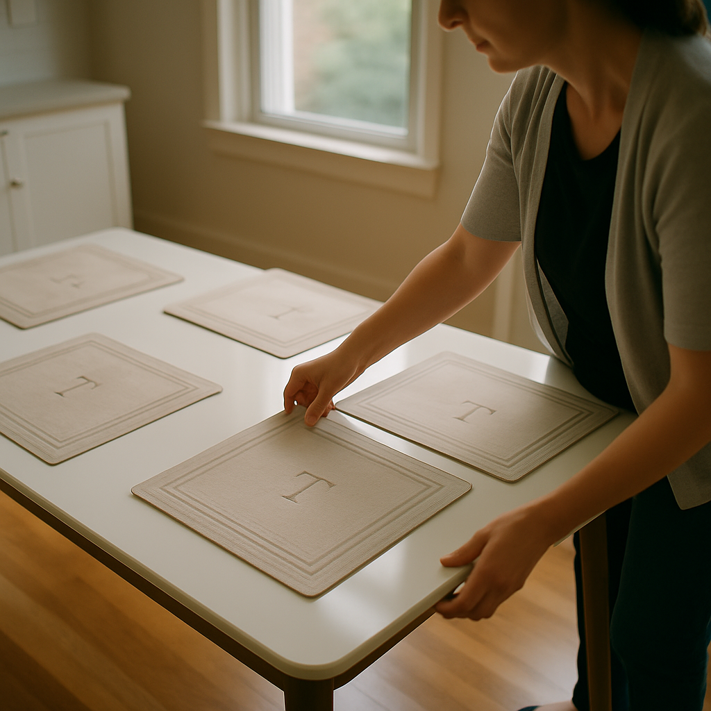 Hands arranging monogrammed placemats on a new kitchen table where an old table was removed.