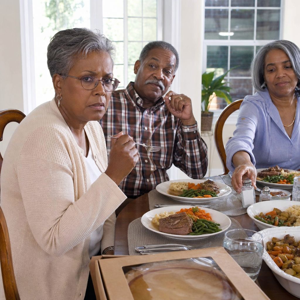 At a family dinner, an older Black woman freezes with her fork midair while her father watches and her mother reaches for the salt.