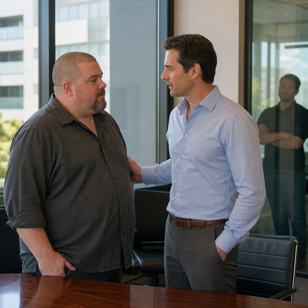 Two coworkers stand too close in a conference room while a shadowy figure lingers outside the glass.