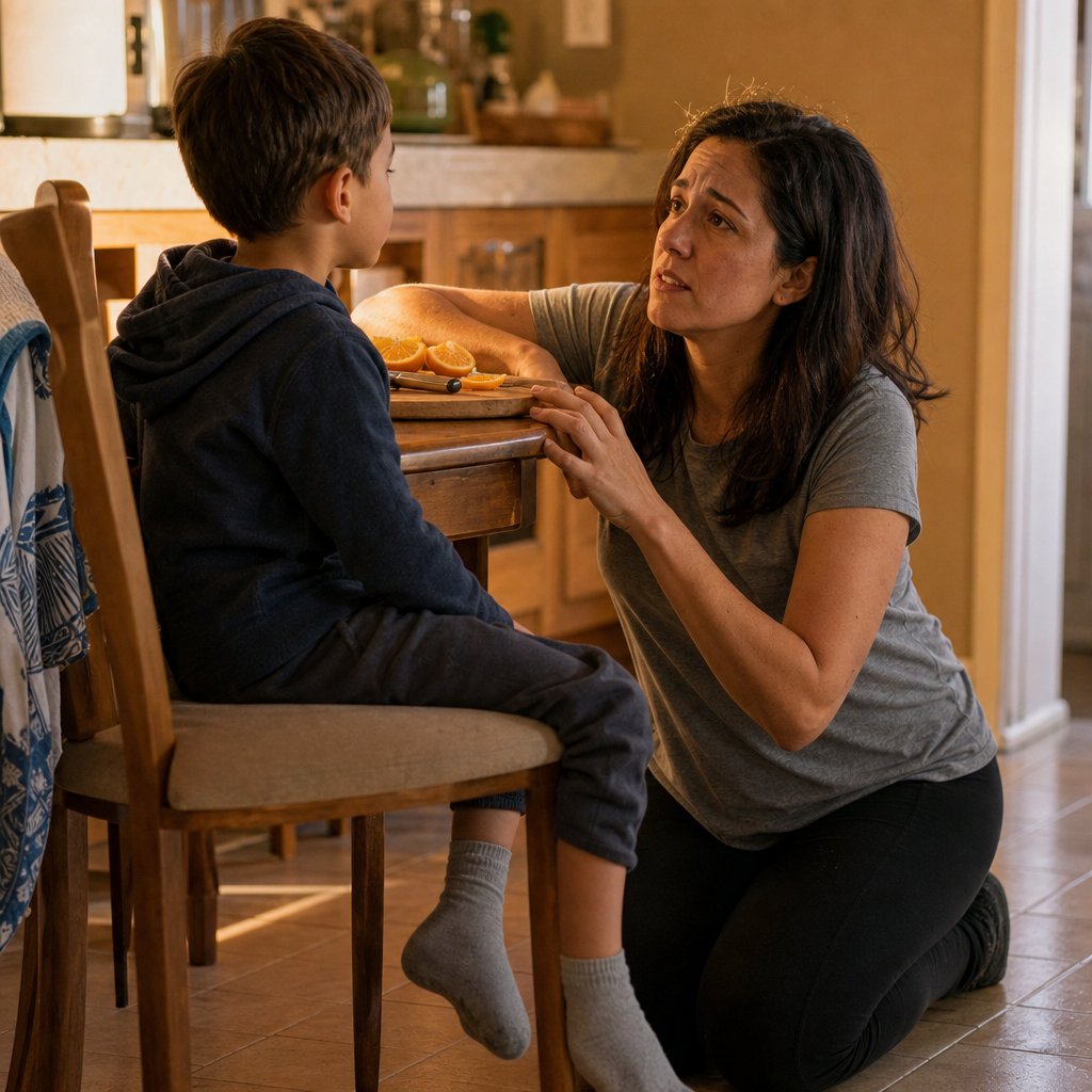 Mara kneels beside her son at the kitchen table, trying to keep calm as he speaks.