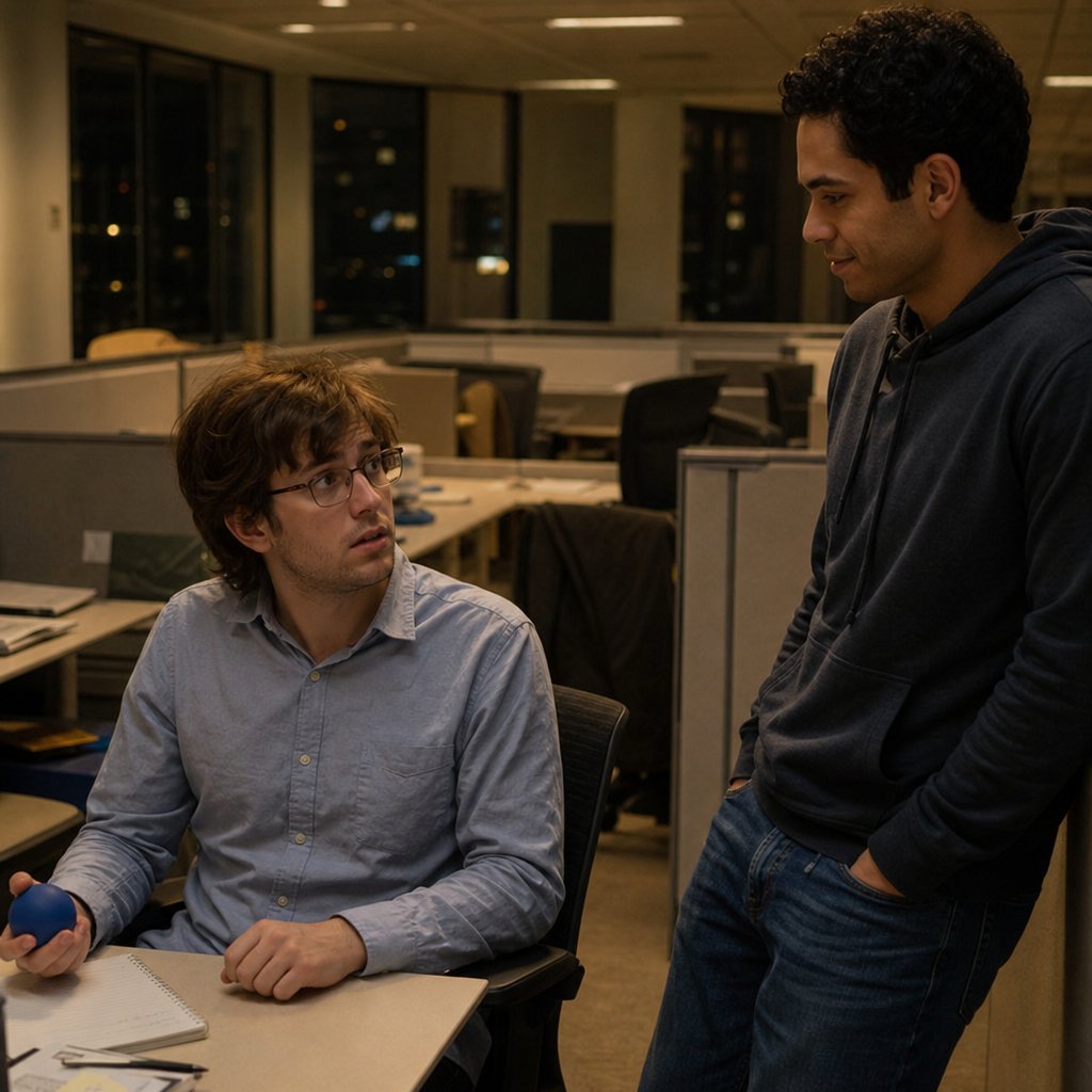 At an empty office desk area, Dev’s teasing expression fades as Iris looks up, tense, holding a stress ball.