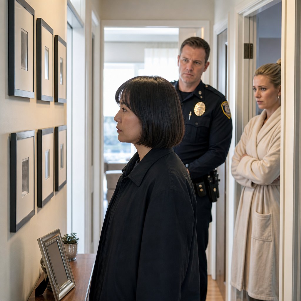 A woman stares at a hallway wall where family photos have been replaced by bland neutral art while a blonde woman in a robe watches.