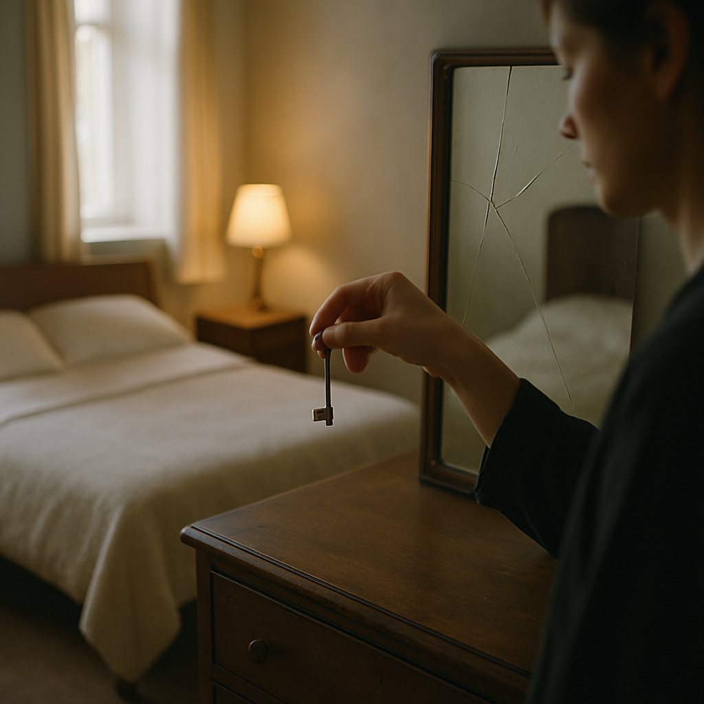 Hand holding a spare key in a cozy guest bedroom.