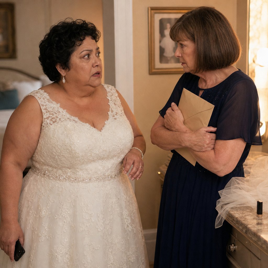 The bride looks stunned while her future mother-in-law clutches a sealed envelope protectively.